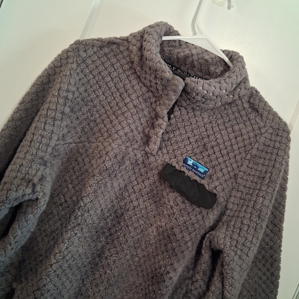 Simply Southern Pullover Womens M Gray Quilted Sherpa Fleece Snap Neck Casual